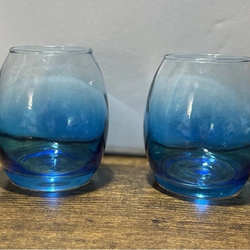 2 Vintage 70’s Hand Blown clear to Blue Ombre colored Glasses